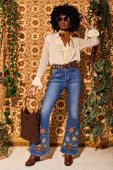 Little Girl Blue Floral Embroidered Denim Flared Jeans - Trousers
