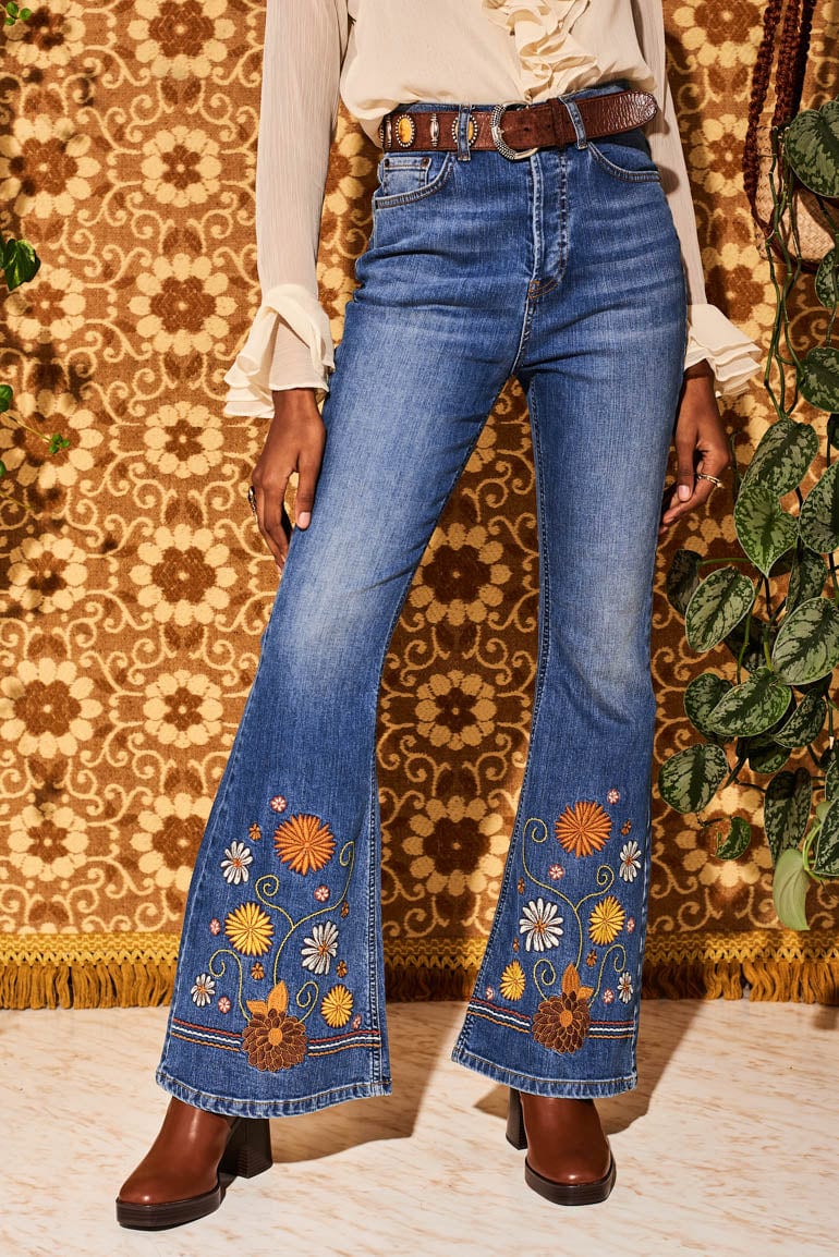 Little Girl Blue Floral Embroidered Denim Flared Jeans - Trousers