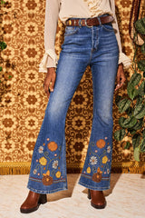 Little Girl Blue Floral Embroidered Denim Flared Jeans - Trousers