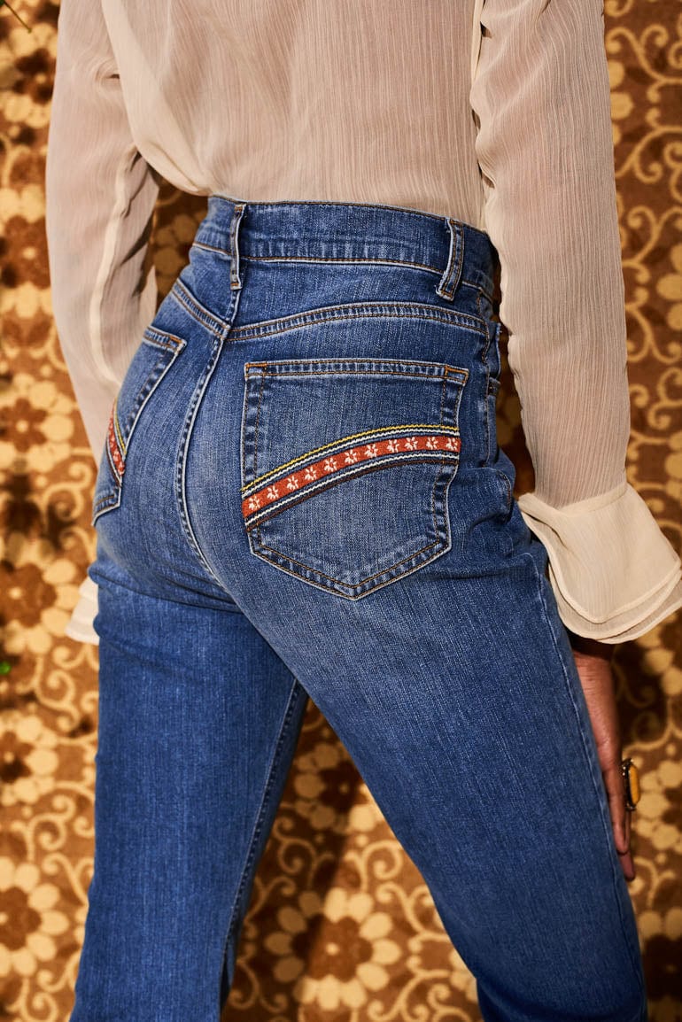 Little Girl Blue Floral Embroidered Denim Flared Jeans - Trousers