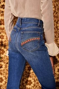 Little Girl Blue Floral Embroidered Denim Flared Jeans - Trousers