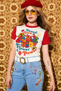 Peace, Love & Flower Power Contrast Ringer T-Shirt - T-Shirts