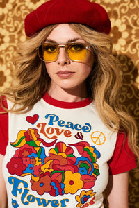 Peace, Love & Flower Power Contrast Ringer T-Shirt - T-Shirts