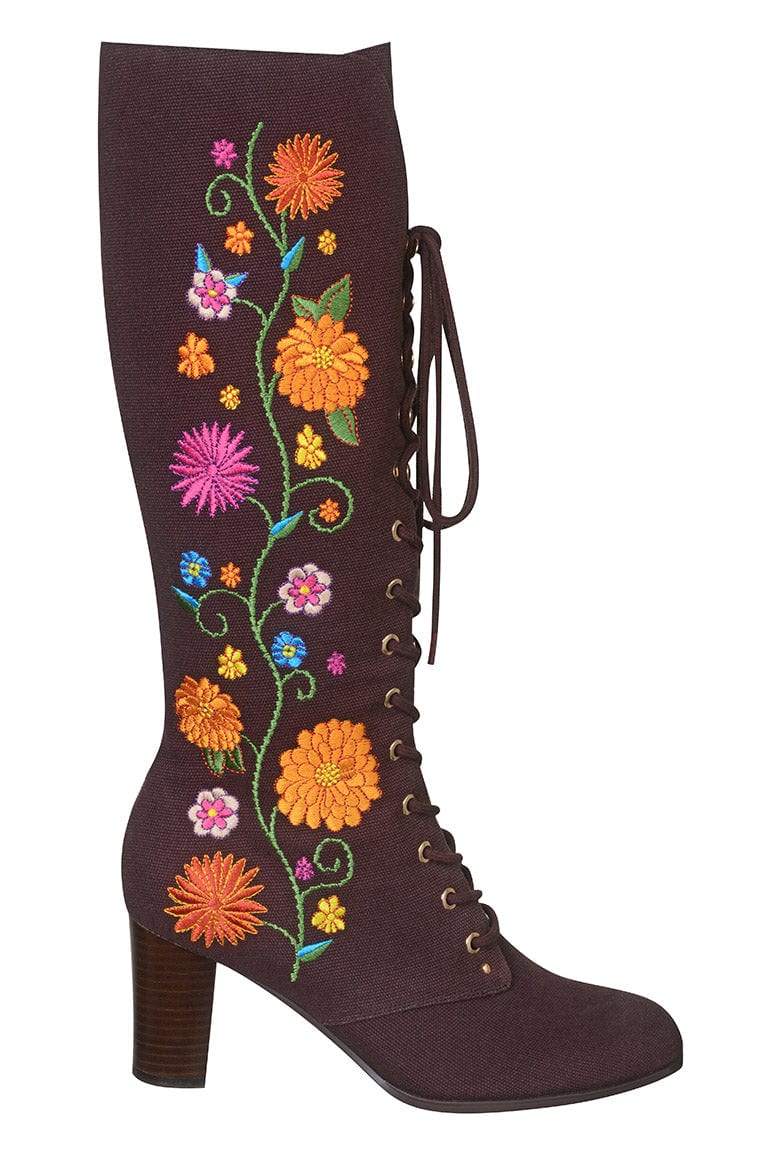Penny Lane Brown Floral Embroidered Boots - Footwear