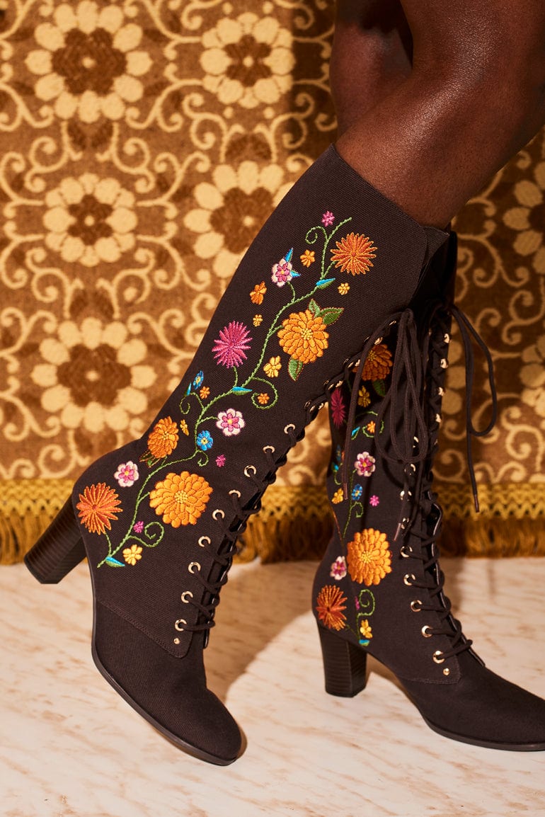 Penny Lane Brown Floral Embroidered Boots - Footwear