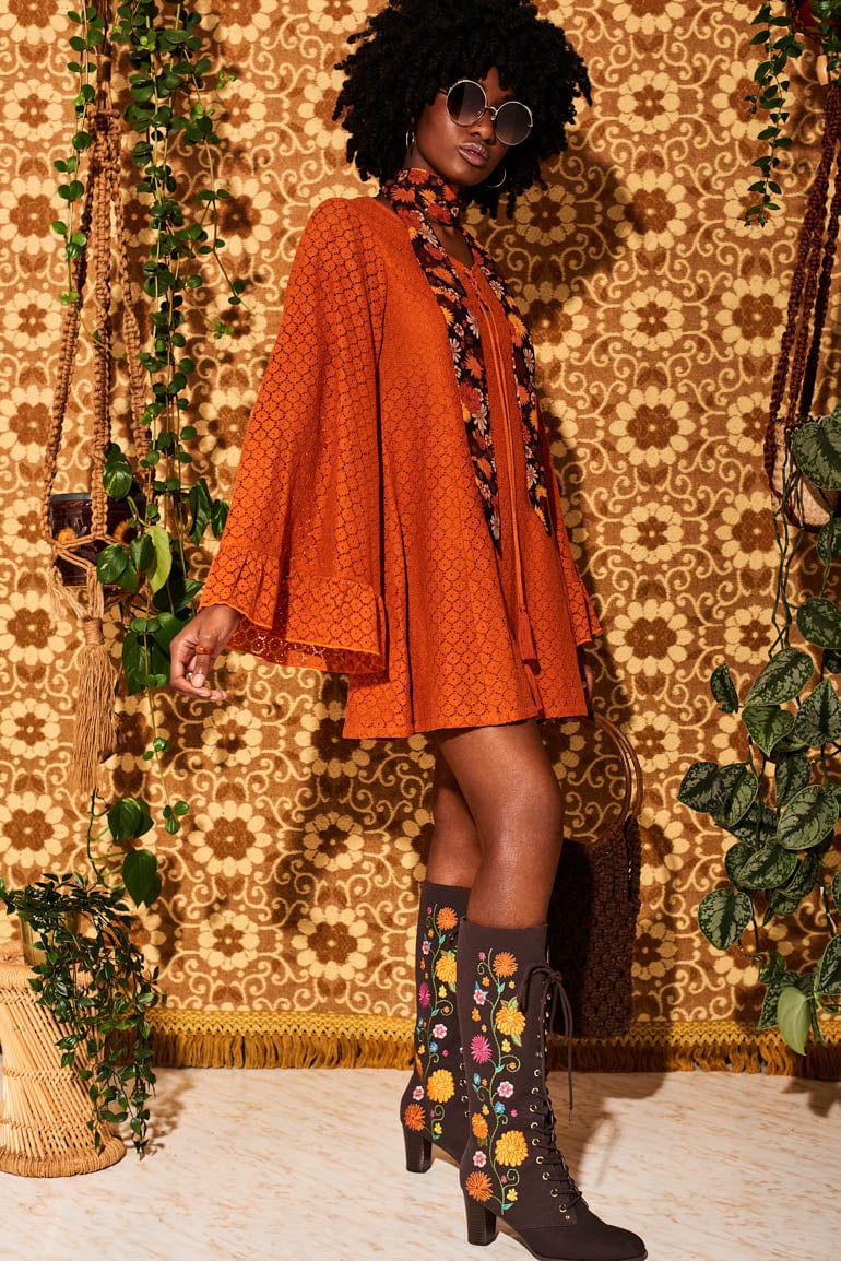 Shake n' Boogie Orange Angel Sleeve Lace Mini Dress - Dresses