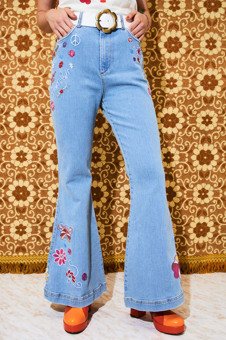 She's A Rainbow Embroidered Denim Flares - Trousers