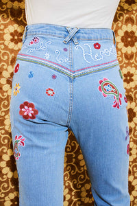 She's A Rainbow Embroidered Denim Flares - Trousers