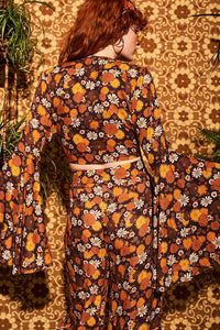 Summer Of Love Brown Floral Bell Sleeve Tie Top - Blouses & Tops
