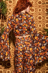 Summer Of Love Brown Floral Bell Sleeve Tie Top - Blouses & Tops
