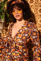 Summer Of Love Brown Floral Bell Sleeve Tie Top - Blouses & Tops
