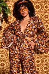 Summer Of Love Brown Floral Bell Sleeve Tie Top - Blouses & Tops