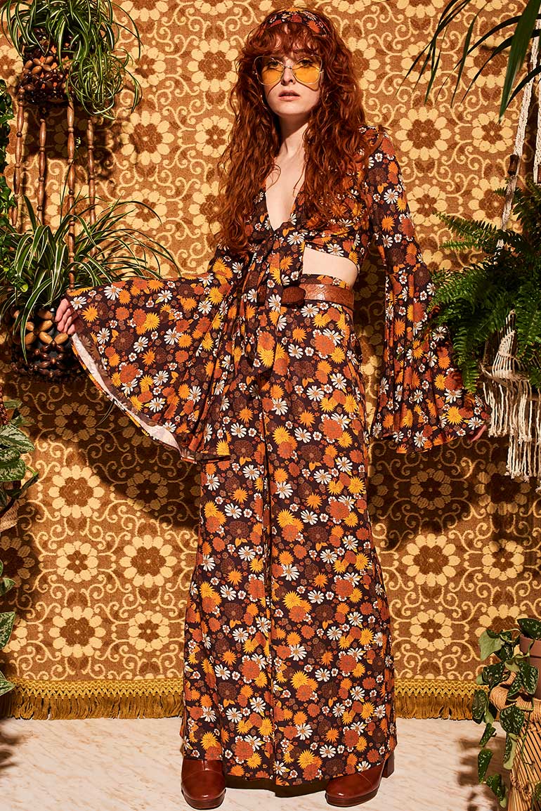 Summer Of Love Brown Floral Bell Sleeve Tie Top - Blouses & Tops