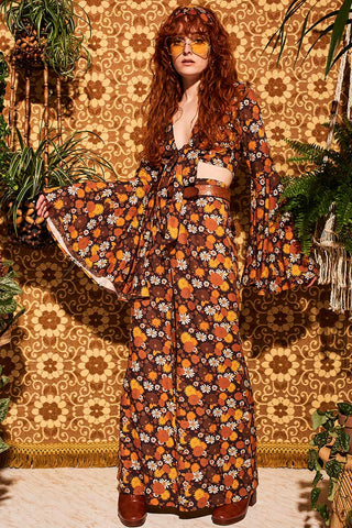 Summer Of Love Brown Floral Bell Sleeve Tie Top – The Hippie Shake