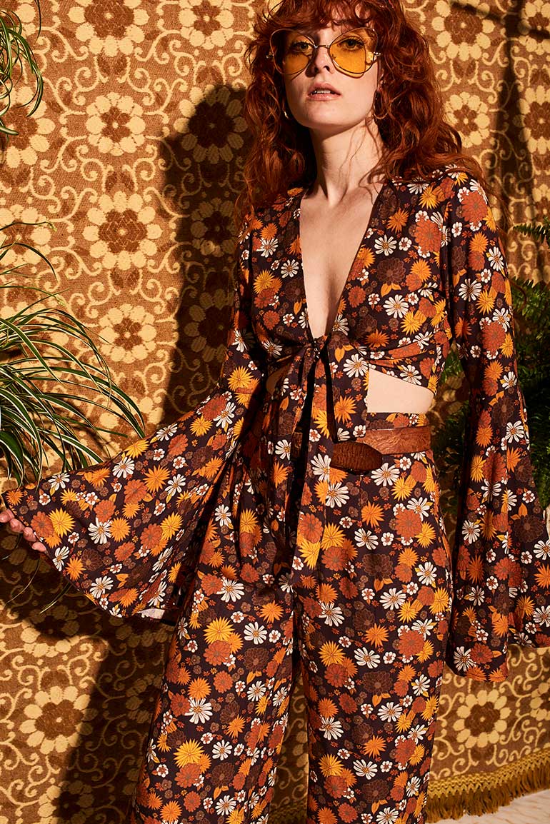Summer Of Love Brown Floral Bell Sleeve Tie Top - Blouses & Tops