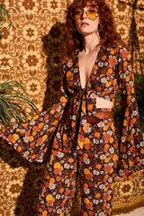 Summer Of Love Brown Floral Bell Sleeve Tie Top - Blouses & Tops