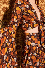 Summer Of Love Brown Floral Bell Sleeve Tie Top - Blouses & Tops
