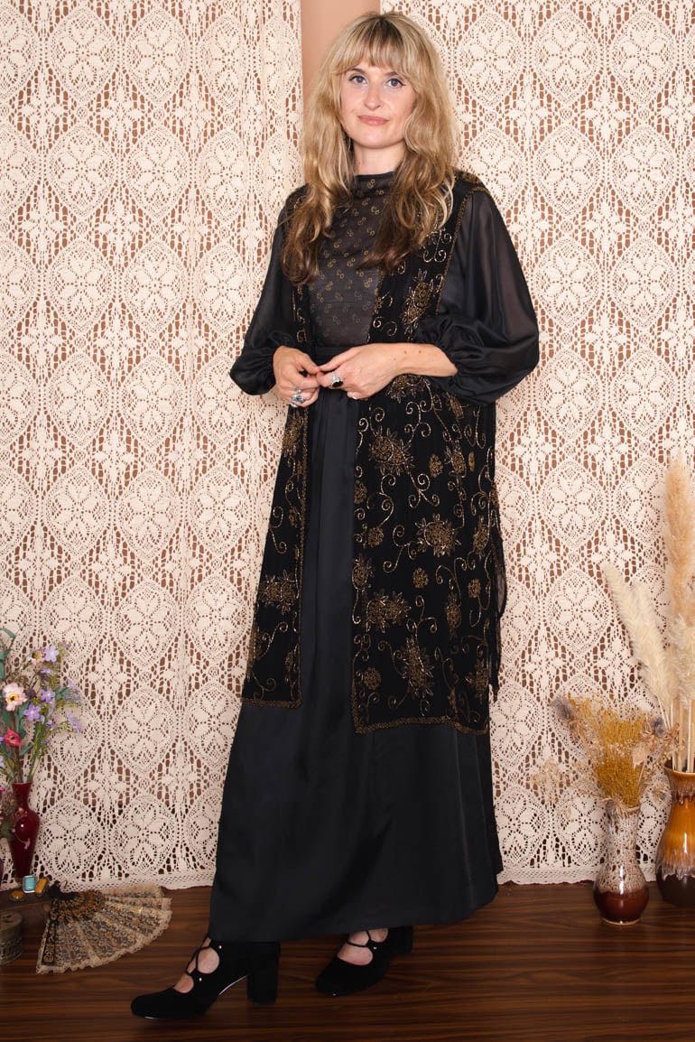 Vintage 1970s Black and Gold Beaded Waistcoat -