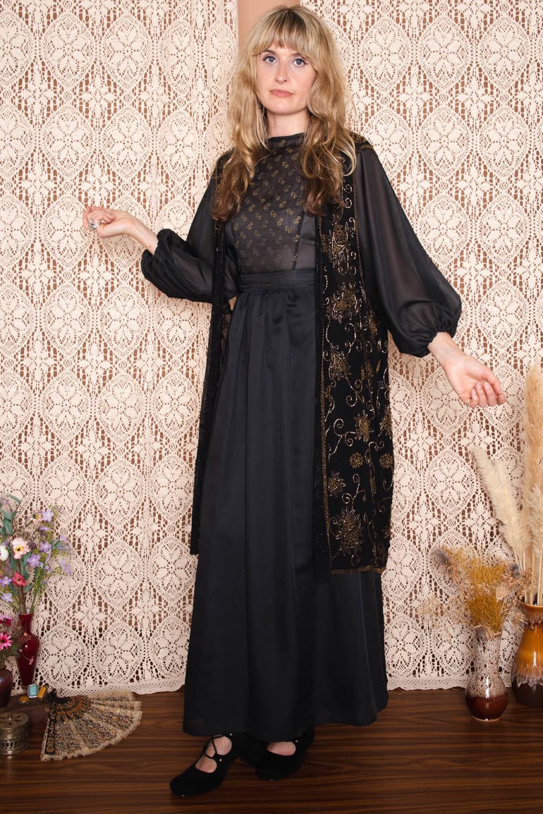 Vintage 1970s Black and Gold Beaded Waistcoat -