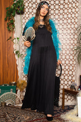 Vintage 1970s Black Cap Sleeve Maxi Dress -