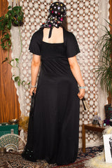 Vintage 1970s Black Cap Sleeve Maxi Dress -