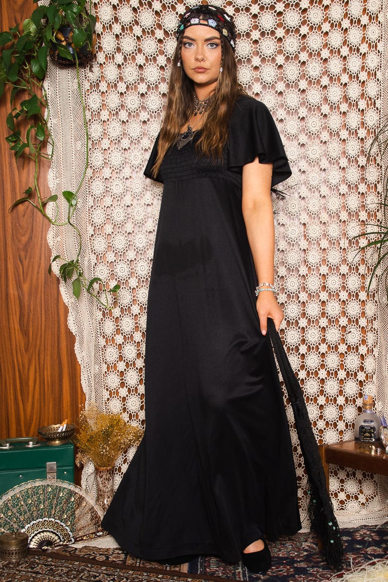 Vintage 1970s Black Cap Sleeve Maxi Dress -