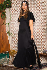 Vintage 1970s Black Cap Sleeve Maxi Dress -