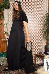 Vintage 1970s Black Cap Sleeve Maxi Dress -