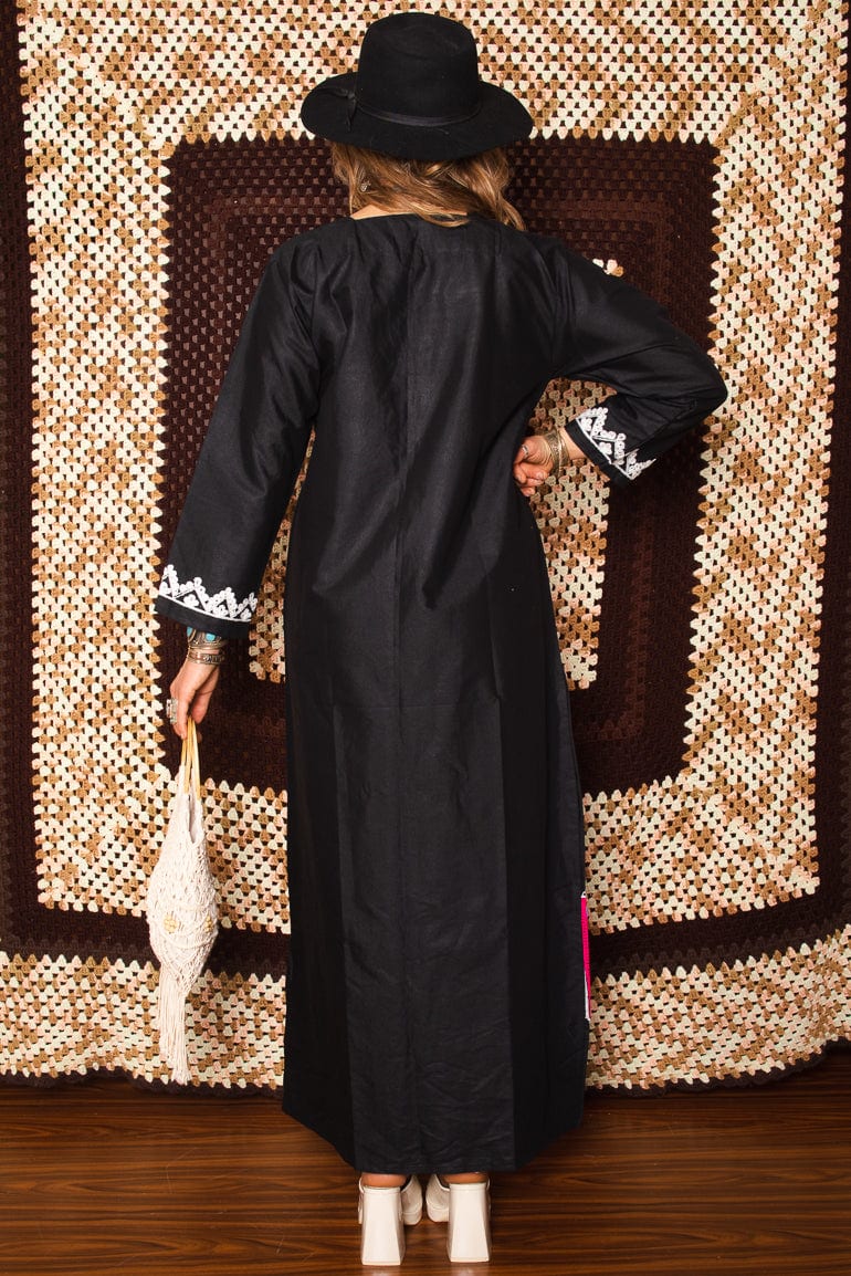 Vintage 1970s Black Embroidered Maxi Dress -