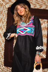 Vintage 1970s Black Embroidered Maxi Dress -
