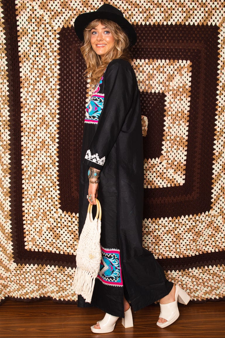 Vintage 1970s Black Embroidered Maxi Dress -