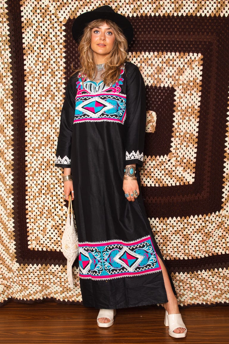 Vintage 1970s Black Embroidered Maxi Dress -