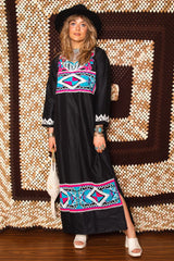 Vintage 1970s Black Embroidered Maxi Dress -