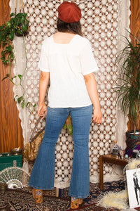 Vintage 1970s Floral Detail White Tunic Top -