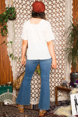 Vintage 1970s Floral Detail White Tunic Top -
