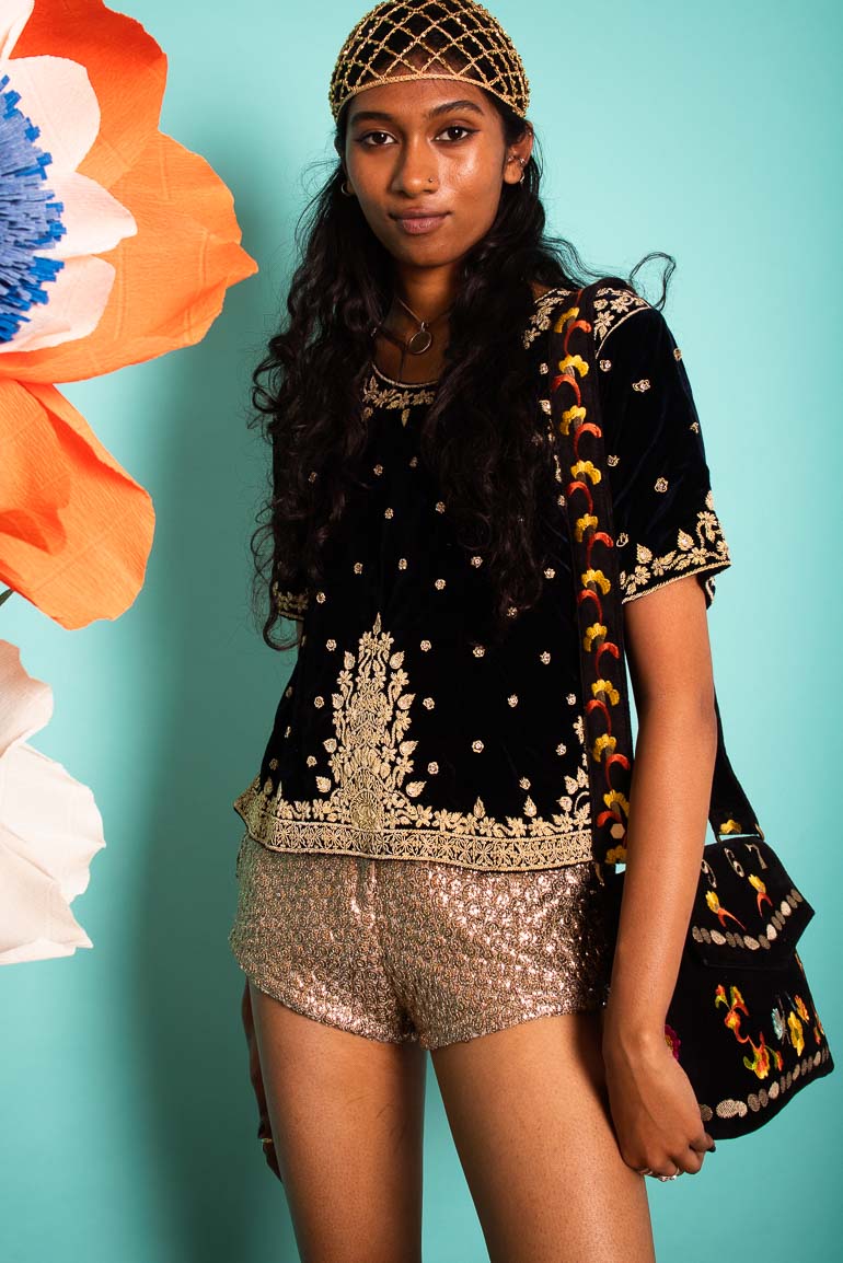 Vintage 1970s Navy Velvet Embroidered Top -