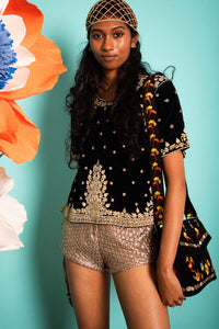 Vintage 1970s Navy Velvet Embroidered Top -