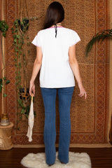 Vintage 1970s White and Pink Floral Embroidered Top -