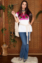 Vintage 1970s White and Pink Floral Embroidered Top -