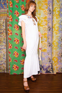 Vintage 1970s White Embroidered Maxi Dress -