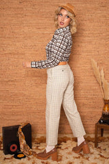 Vintage 1970s Wide Leg Cream Check Trousers -