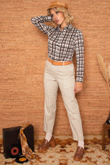 Vintage 1970s Wide Leg Cream Check Trousers -
