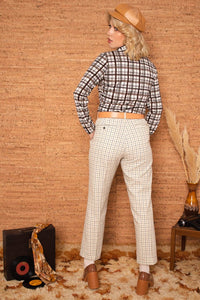 Vintage 1970s Wide Leg Cream Check Trousers -