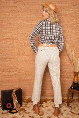 Vintage 1970s Wide Leg Cream Check Trousers -