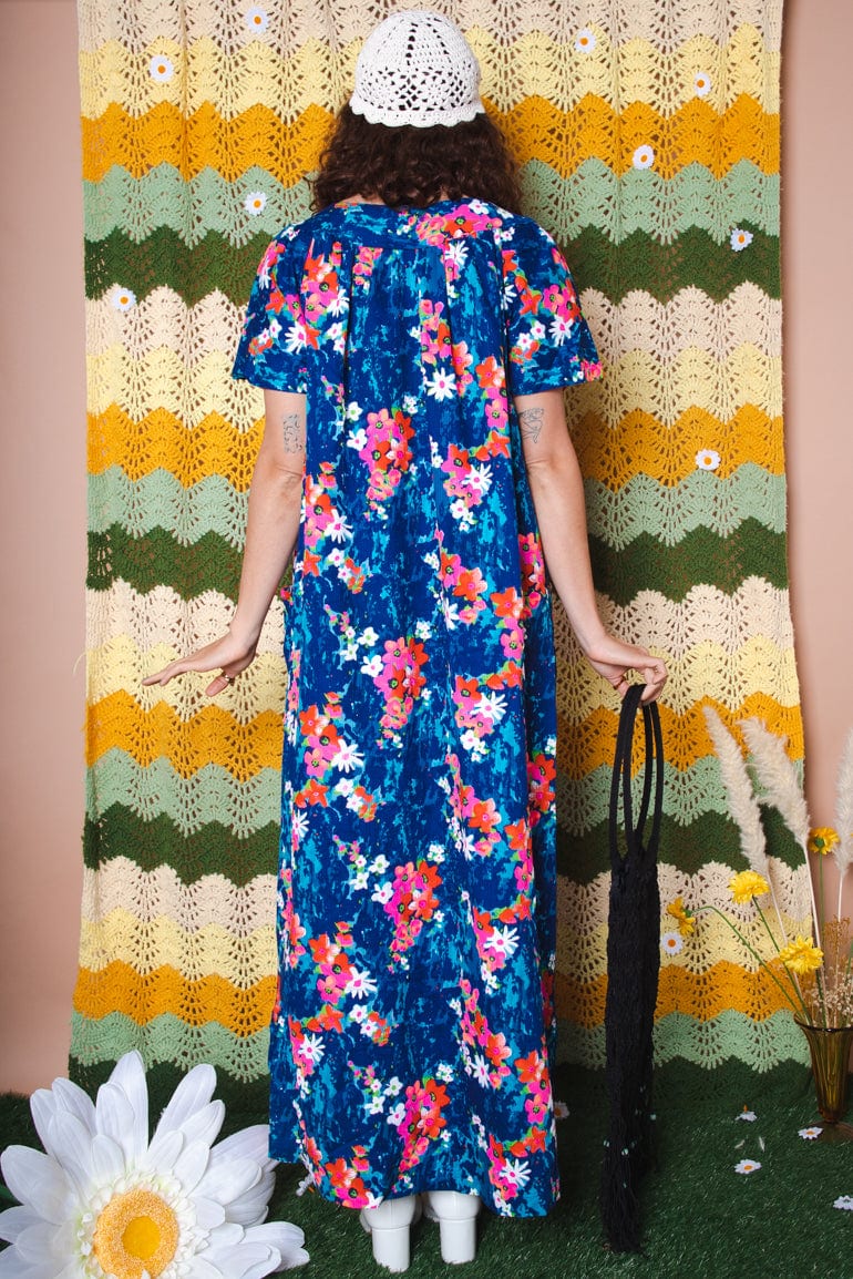 Vintage 70s Blue Floral Maxi Dress -