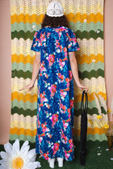 Vintage 70s Blue Floral Maxi Dress -