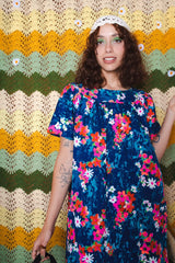 Vintage 70s Blue Floral Maxi Dress -