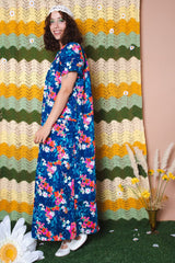 Vintage 70s Blue Floral Maxi Dress -