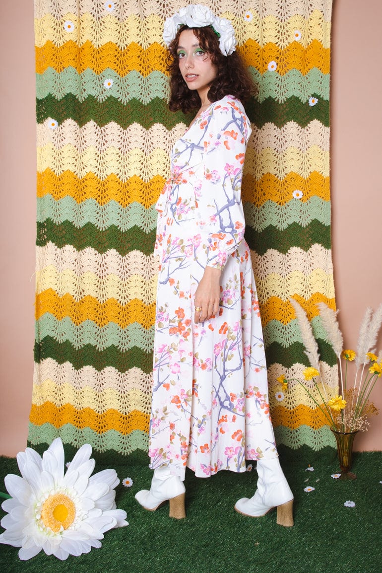 Vintage 70s White Floral Tie Up Gown -