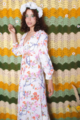 Vintage 70s White Floral Tie Up Gown -